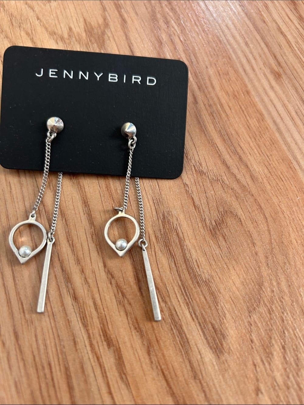 Jenny Bird Silver Chain Drop Earrings with Circle & Bar Accents - Picture 2 of 3